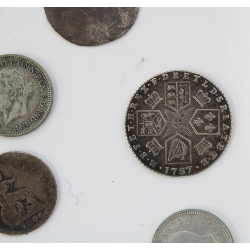 168 - Small selection of GB silver content coinage incl. a 1787 Geo. III silver sixpence