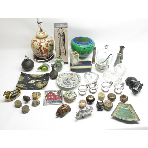 65 - Collection of glass, ceramics, metal ware inc. green glass paperweight, oriental lamp with Cherry Bl... 