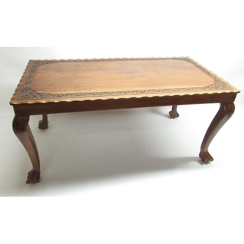 66 - C20th hardwood carved rectangular coffee table, H42.4cm W94cm D 45.5cm and a large brass oriental pl... 