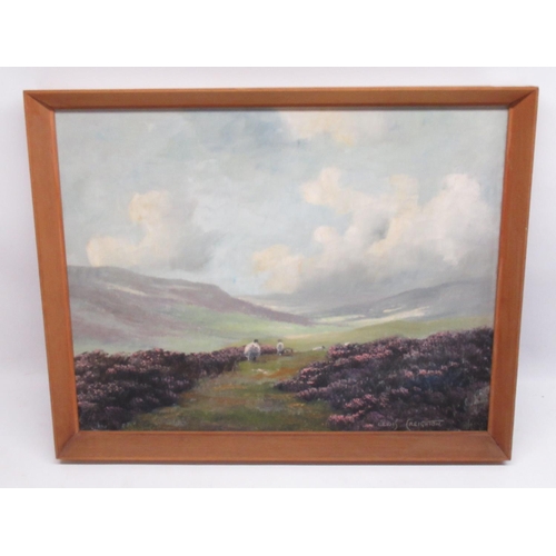 413 - Lewis Creighton (British 1918-1996) - Sheep Grazing Amongst Heather Moorland, oil on board signed W4... 