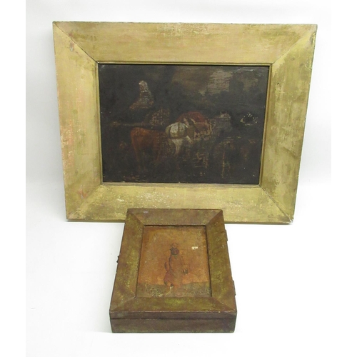 415 - WITHDRAWN - C19th - farmyard scene, oil on canvas W38cm H28cm and a wall mounted key box with inset ... 