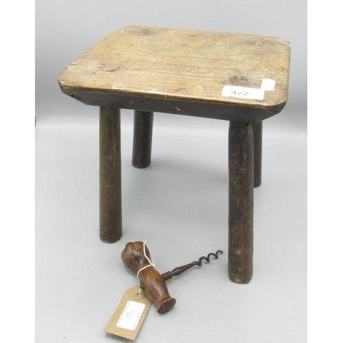 422 - Victorian elm stool H24cm and a C19th corkscrew (2)