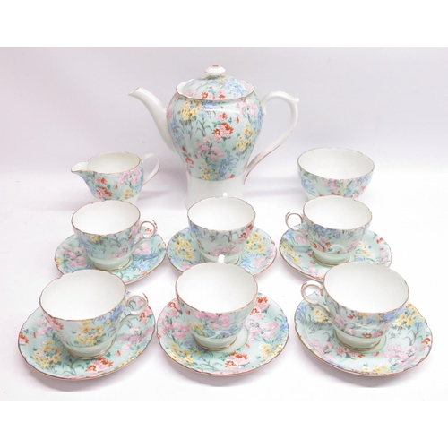 436 - Shelley Melody 15 piece teaset comprising teapot H19cm, cream, sugar and six cups and saucers, Rd.No... 