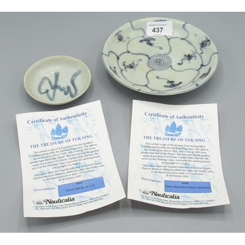 437 - Early C19th Tek Sing ship wreck blue and white lotus pattern porcelain dish, bearing label with cert... 