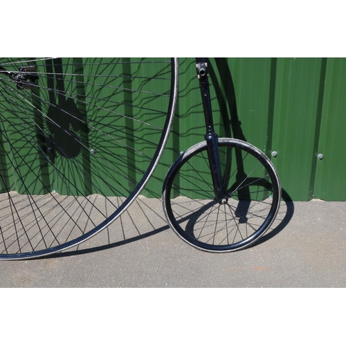 68 - Penny Farthing or Ordinary Bicycle, the brown leather seat on later painted tubular frame, the drop ... 