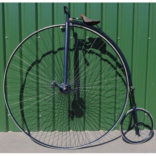 68 - Penny Farthing or Ordinary Bicycle, the brown leather seat on later painted tubular frame, the drop ... 