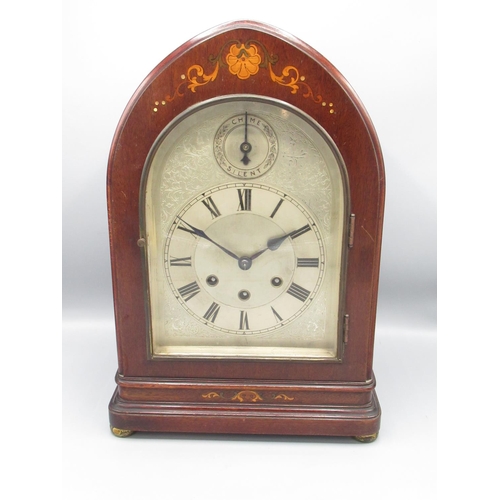 156 - Gustav Becker - early C20th inlaid mahogany lancet cased chiming mantle clock on brass bun feet engr... 