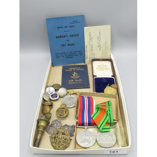 161 - 1939 - 1945 Defence Medal, 1939 - 1945 War Medal with box and papers, A.R.P. buttons, R.A.F. cap bad... 