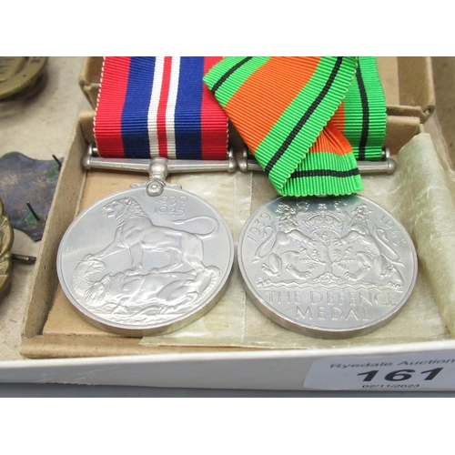 161 - 1939 - 1945 Defence Medal, 1939 - 1945 War Medal with box and papers, A.R.P. buttons, R.A.F. cap bad... 