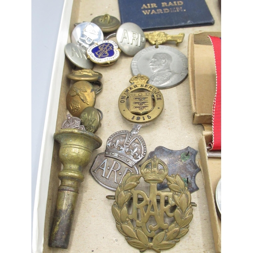 161 - 1939 - 1945 Defence Medal, 1939 - 1945 War Medal with box and papers, A.R.P. buttons, R.A.F. cap bad... 