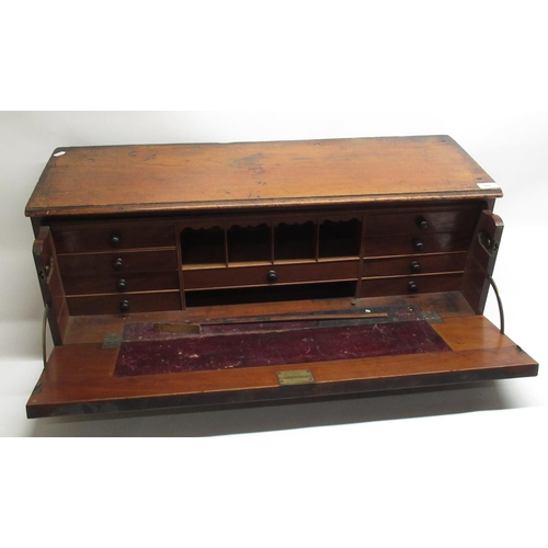 184 - C19th mahogany campaign type bureau with fall front opening to reveal fitted interior with 4 central... 