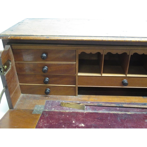 184 - C19th mahogany campaign type bureau with fall front opening to reveal fitted interior with 4 central... 