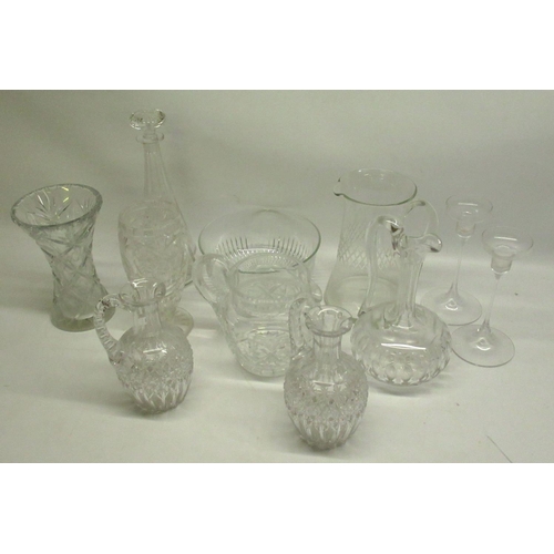 438 - Royal Brierley lead crystal conical decanter H30cm, pair of lead cut crystal water jugs H19cm and ot... 