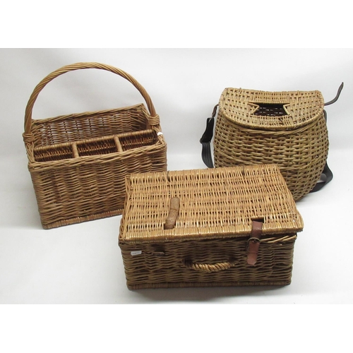 442 - C20th wicker creel, wicker picnic basket and wicker wine basket (3)