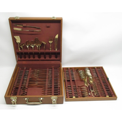 444 - C20th Asian cased canteen of bronze cutlery with stained wood handles, six place settings W43cm