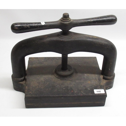 446 - C19th cast iron book press W43cm D25cm H33cm