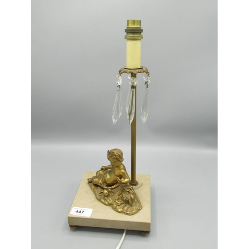 447 - C20th gilt brass and marble table lamp, set with a cherub and facetted drops H38cm (A/F)