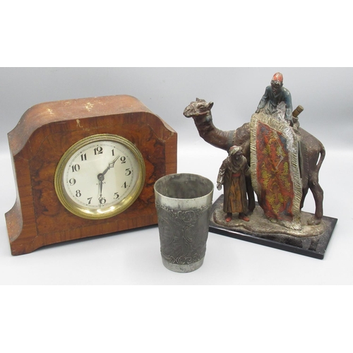 448 - Early C20th painted spelter table lighter in the form of two Bedouin and camel on black glass base H... 