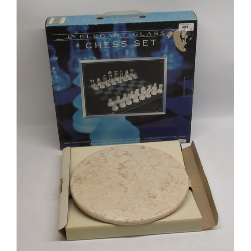 452 - Boxed Elegance Glass chess board and pieces W38cm and a boxed marble Lazy Susan D30cm (2)