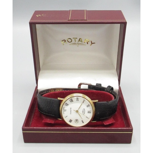 600 - Rotary gold quartz wristwatch with date, signed white Roman dial with centre seconds, two piece case... 