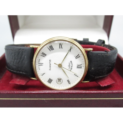 600 - Rotary gold quartz wristwatch with date, signed white Roman dial with centre seconds, two piece case... 