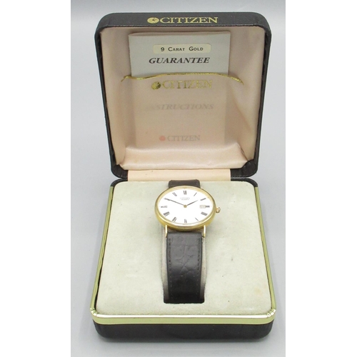 601 - Citizen gold quartz wristwatch with date, signed white Roman dial, three piece case with snap on bez... 