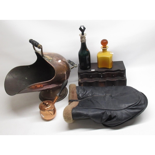 785 - Pelso Regd. leather foot mitt, late Victorian Bristol green decanter with silver plate mount with in... 