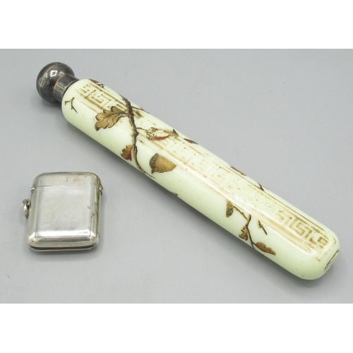 81 - Victorian opaque glass scent bottle, hand painted decoration with silver top, London 1886 and an Ed.... 