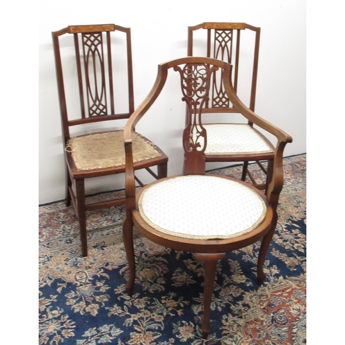 321 - Pair of Edwardian inlaid mahogany Salon chairs and a similar open arm chair, (3)