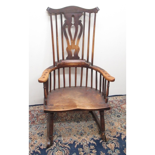 325 - C19th ash and elm high back Windsor rocking chair, stick back with shaped cresting rail and pierced ... 