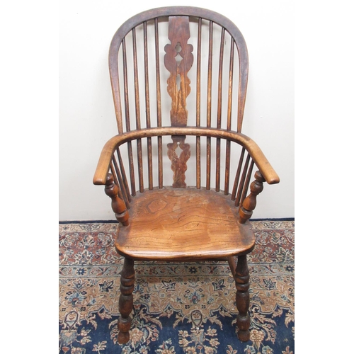 326 - C19th ash and elm high back Windsor chair, shaped cresting rail, stick back with pierced vase shaped... 