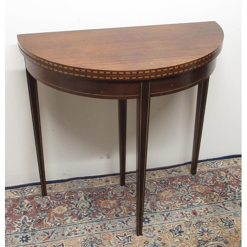 328 - Geo.111 style inlaid mahogany D shaped folding tea table, on square supports, W81cm D82cm H77cm