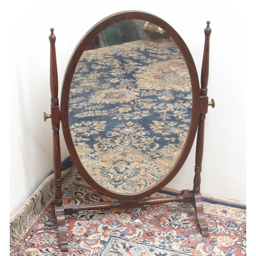 337 - Geo.111 style mahogany toilet mirror, oval plate on ring turned supports with cabriole legs, W50cm D... 