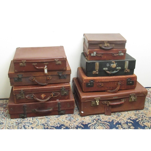 774 - Nine vintage leather suitcases, max. L71cm, a tin trunk, and a wooden tool box (11)