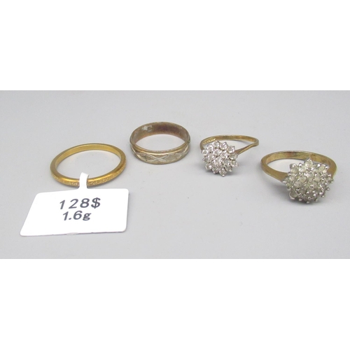 269 - Two 9ct yellow gold cluster rings set with clear stones, a 9ct gold band ring, all stamped 375, gros... 