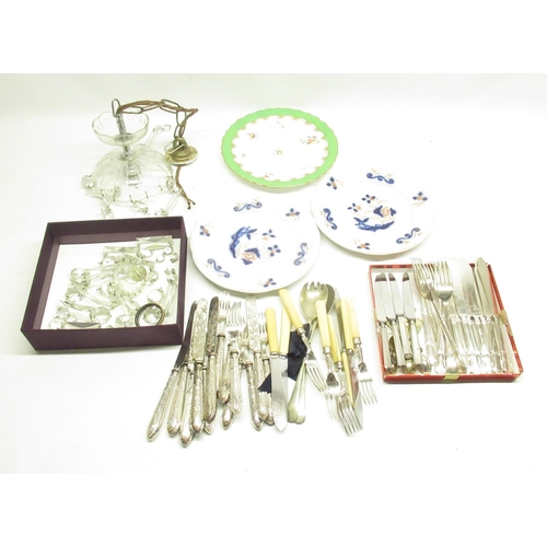 71 - Multiple glass drop light fitting, large mixed collection of cutlery and a green rimmed Coalport pla... 