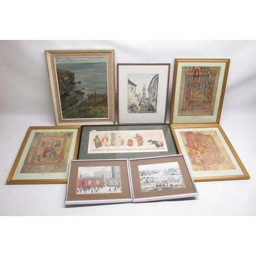 72 - Unsigned oil of coastal scene, framed watercolour of continental village street, 3 framed prints of ... 