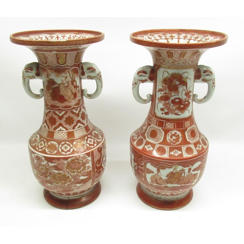 76 - Pair of C20th Kutani vases with Elephant head handles, overall burnt orange decoration, character ma... 