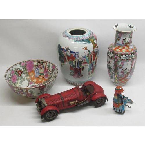 78 - C20th oriental bowl, vase and jar (missing lid), tinplate red car and a tin plate clockwork toy of a... 