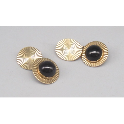 849 - Pair of 9ct yellow gold cufflinks set with cabochon onyx, stamped 375, 9.1g