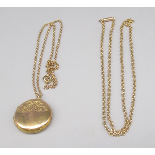 855 - 9ct yellow gold locket with engraved detail, stamped 9ct back and front, and to yellow metal chains,... 