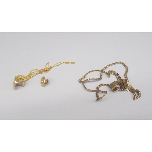 864 - 9ct yellow gold chain link necklace stamped 375, a 9ct yellow gold chain (A/F), and two 9ct yellow g... 