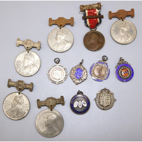 136 - Four hallmarked silver sporting medallions/fobs, two other sporting fobs, and six Edw. VII London Co... 