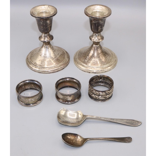 138 - Pair of modern American short candlesticks marked Towle Sterling 925, weighted, three hallmarked sil... 