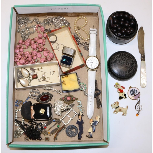 143 - Collection of costume jewellery inc. celluloid brooches, and a silver bladed butter knife with mothe... 