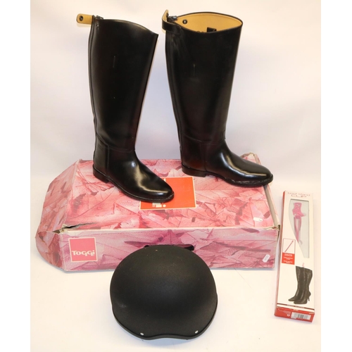 152 - Toggi size 7 long riding boots, Champion Euro Deluxe Jockey Helmet riding hat 7 1/2, and a long boot... 