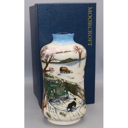 202 - Moorcroft Pottery: Winter Feed pattern vase, designed by Anji Davenport, dated 2009, H21.5cm, with b... 