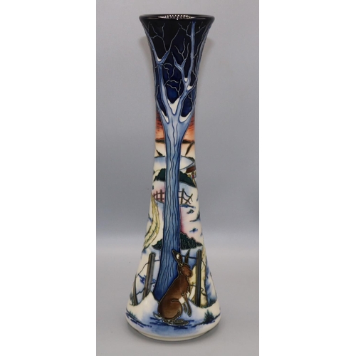 Moorcroft Pottery: design trial vase by Sian Leeper, hare in snowy landscape, dated 2007, H31cm