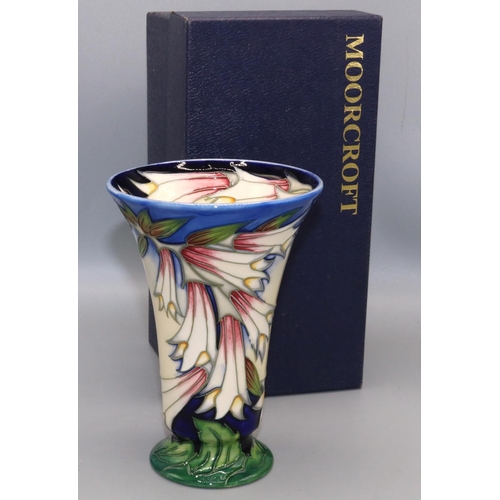 215 - Moorcroft Pottery: Ivory Bells pattern trumpet vase, dated 2004, H15.5cm, with box