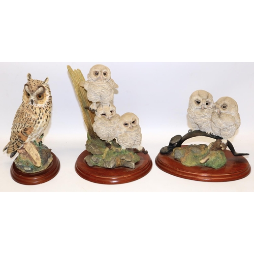 233 - Three Border Fine Arts figures: Double Tawny Owlets, Triple Tawny Owlets, and Long Eared Owl, design... 